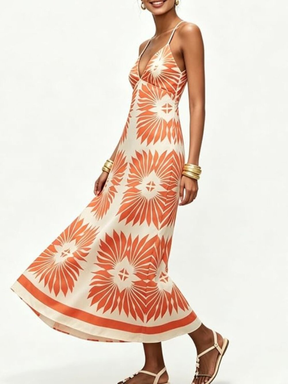 Women's Boho Floral Maxi Dress V Neck Backless Sleeveless Dress - Like New - L